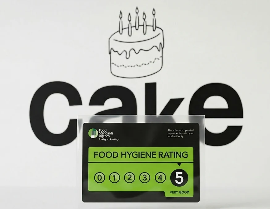 Dreamy Cake Bakery food hygiene rating 5 certificate displayed in front of the bakery logo