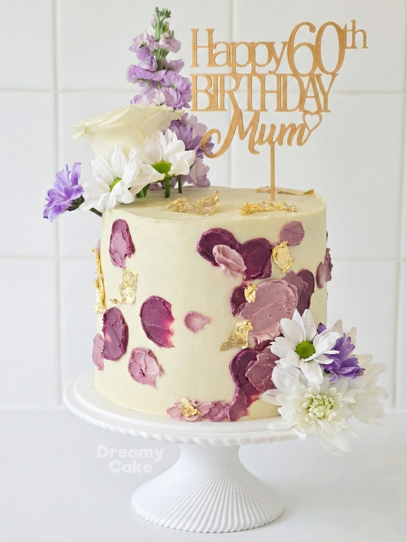 Celebration cake — custom buttercream cake by Dreamy Cake in Cambridgeshire — floral topper and gold leaf
