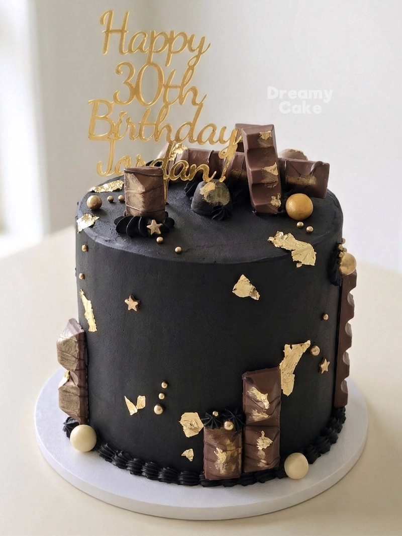 Celebration cake — custom buttercream cake by Dreamy Cake in Cambridgeshire — black & gold chocolate design