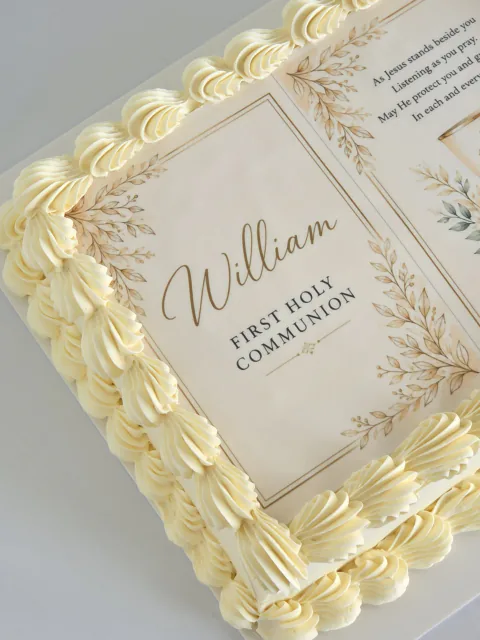 William's First Holy Communion sheet cake with edible book and personalised plaque