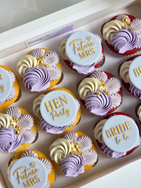 Hen party cupcakes with Future Mrs, Bride to Be and Hen Party toppers