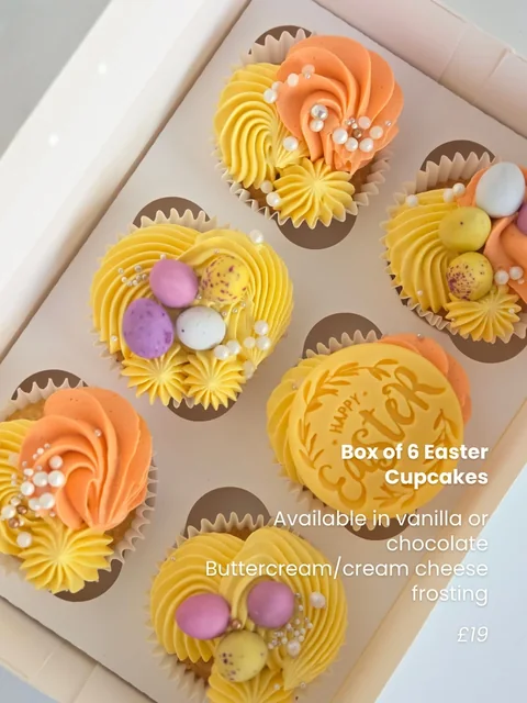 Box of 6 Easter cupcakes with pastel buttercream swirls and mini egg decorations