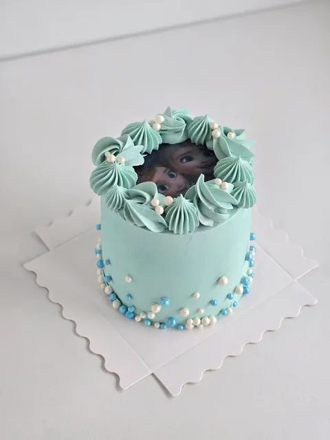 Blue mini bento cake with edible photo print and pearl sprinkles
