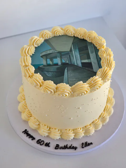 Architectural photo cake created for Ellen's sixtieth birthday