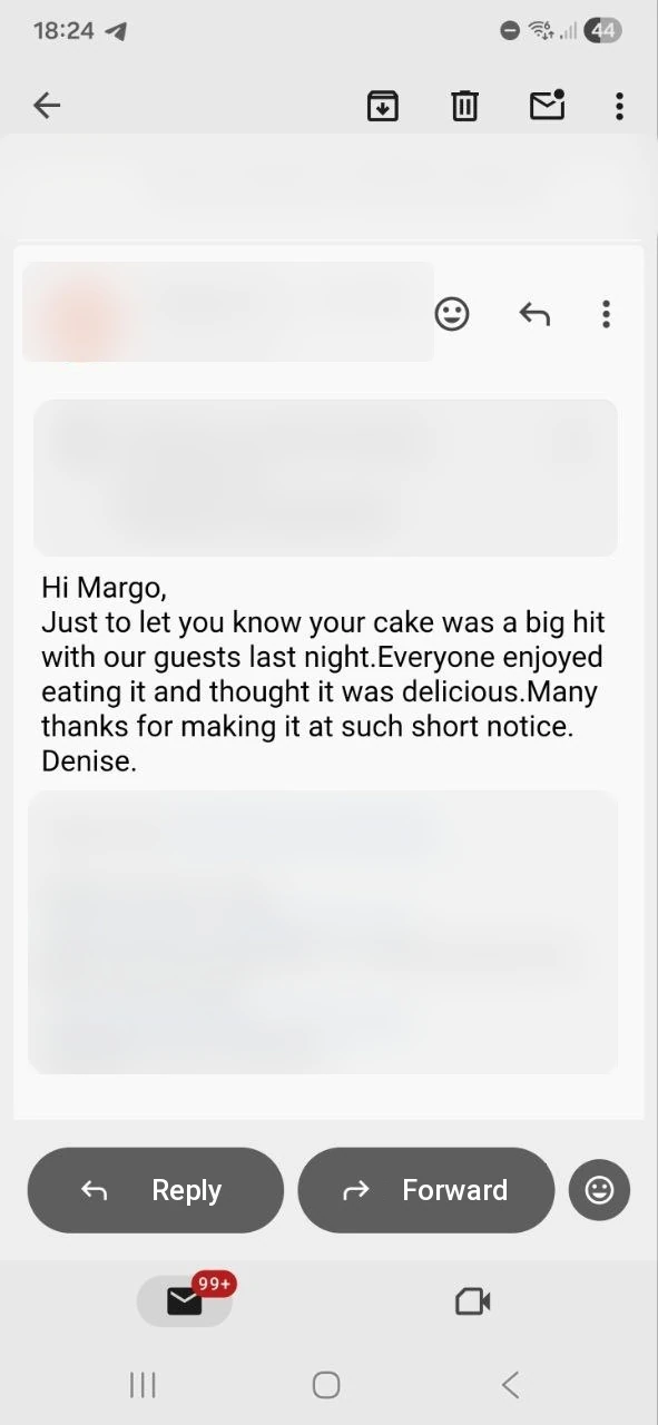 Redacted email review screenshot about a delicious cake made at short notice from Dreamy Cake Bakery