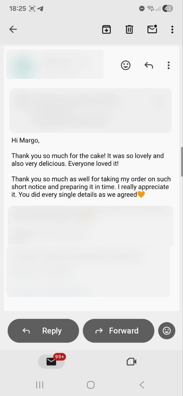 Redacted email review screenshot about a lovely and delicious cake from Dreamy Cake Bakery